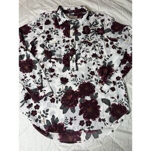 LOFT Outlet Floral Button Front Blouse Women's Medium Burgundy White Long Sleeve